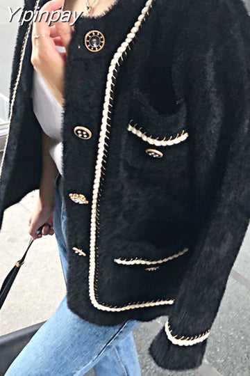 Yipinpay Twist Plait Chic Mink Cashmere Knitted Cardigan Autumn Elegant Ladies Soft Sweater Vintage Women Jacket Korean 2023 Tops